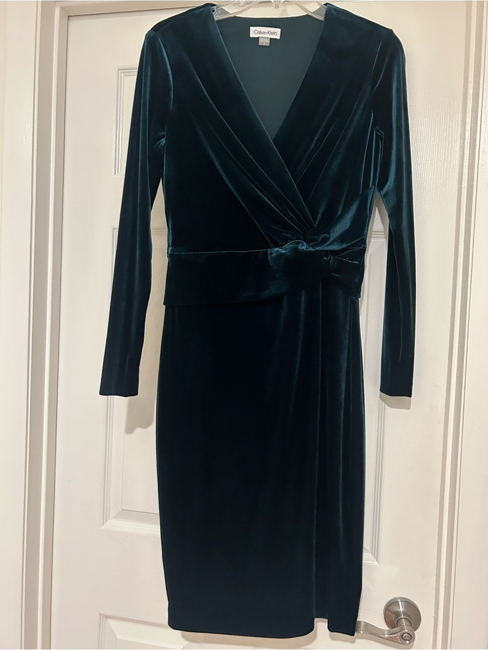 Calvin Klein Teal Velvet Knot Waist Long-Sleeve Wrap Dress Size 6